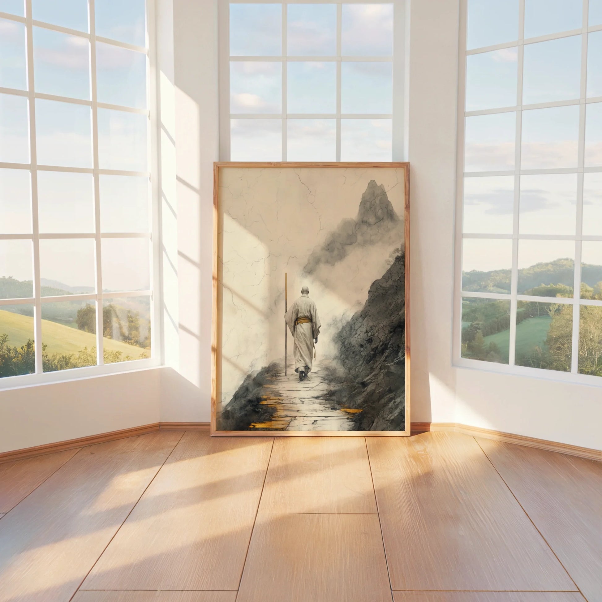 Zen Monastery Path Solitary Monk Mist Mountains Art in room