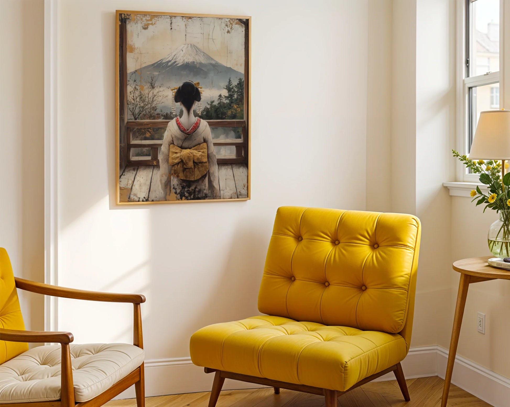 Japanese Geisha Mount Fuji Japandi Golden Obi in room