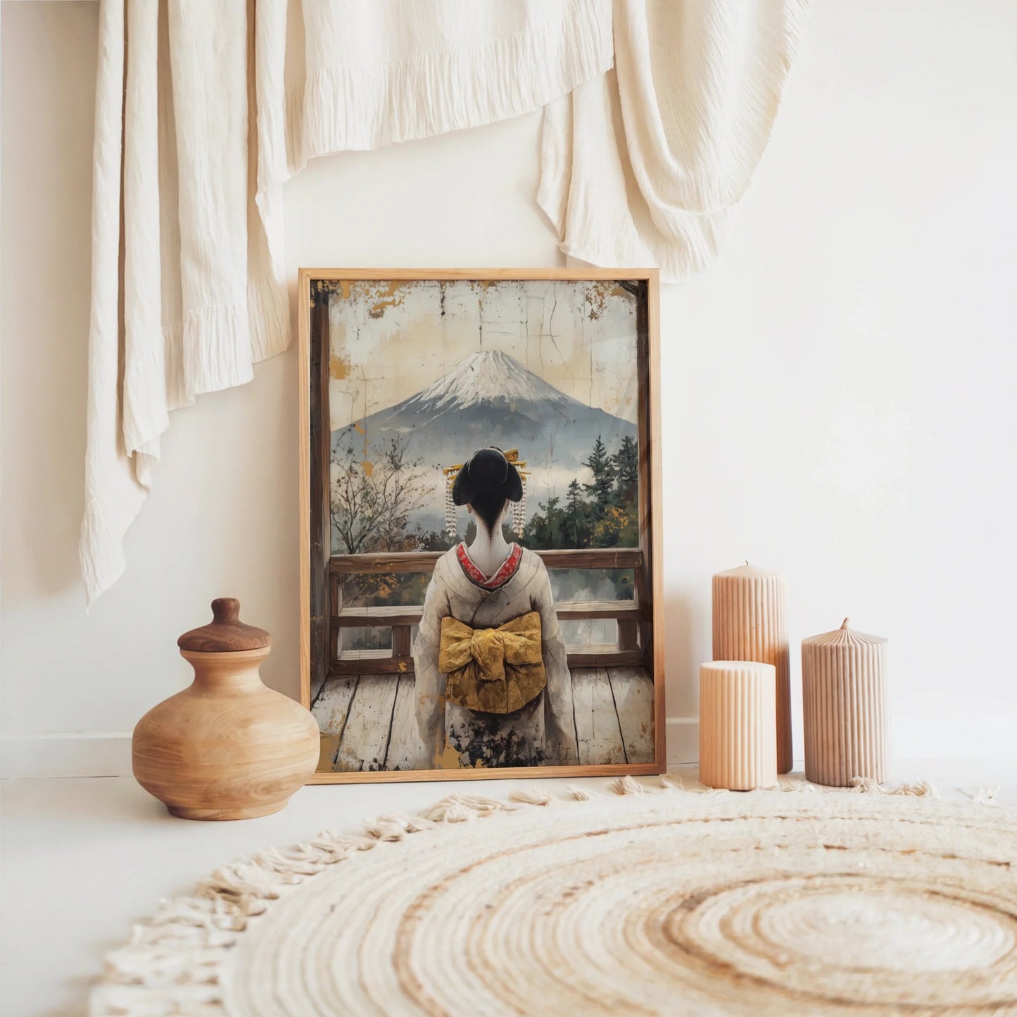 Japanese Geisha Mount Fuji Japandi Golden Obi Canvas Wall Art — Soft parchment and slate blue tones create textured mountain scene with golden highlights on gallery canvas