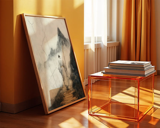 Monk Mountain Path Japandi Dissolving Peaks Canvas Wall Art — Minimalist canvas showcasing lone figure climbing wooden steps through faded mountain landscape