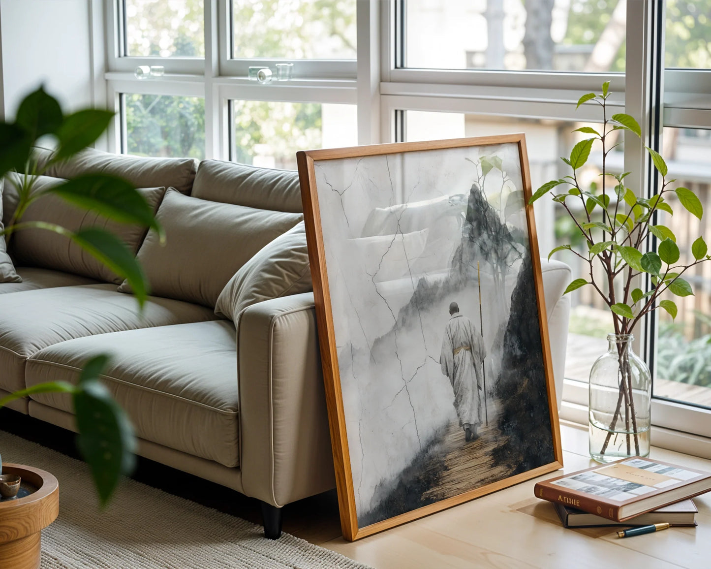 Monk Mountain Path Japandi Dissolving Peaks Canvas Wall Art — Contemporary room featuring serene artwork of solitary traveler amid ethereal cliffs and clouds