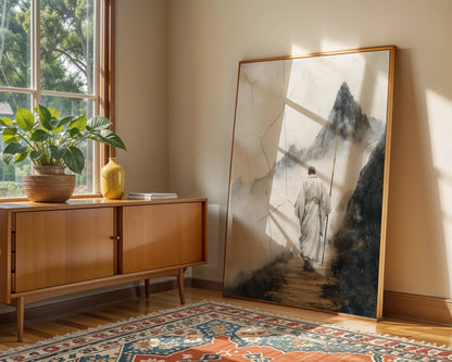 Monk Mountain Path Japandi Dissolving Peaks Canvas Wall Art — Clean aesthetic artwork showing robed wanderer navigating timber stairway with golden highlights