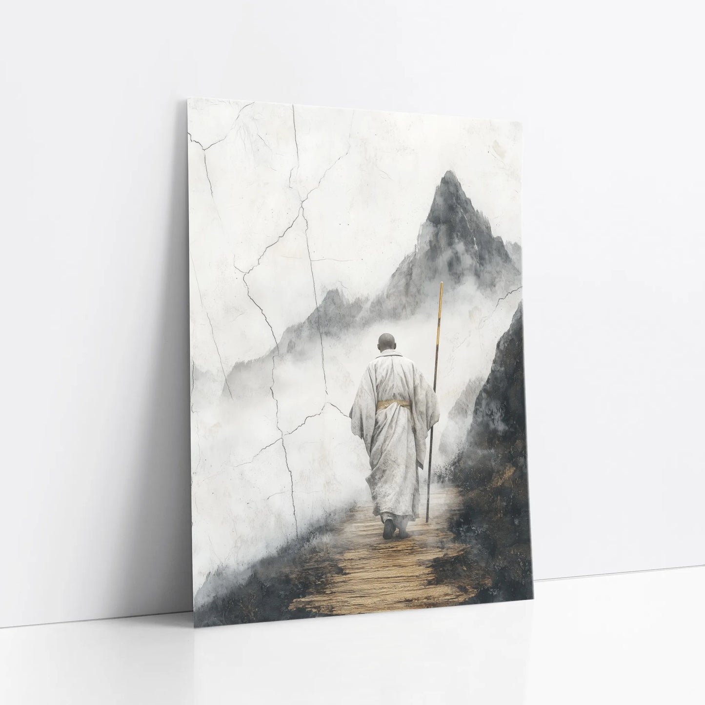 Monk Mountain Path Japandi Dissolving Peaks art print