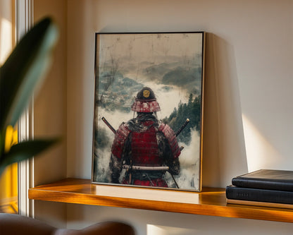 Samurai Warrior Mountain Mist Japandi Battle Worn Canvas Wall Art — Minimalist interior showcasing weathered warrior gazing across misty peaks in serene contemporary decor