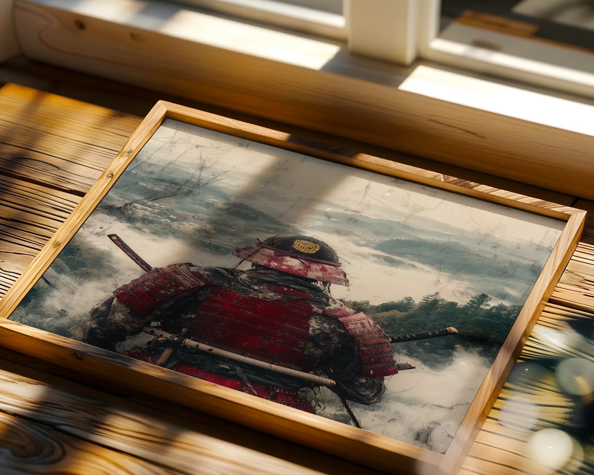 Samurai Warrior Mountain Mist Japandi Battle Worn Canvas Wall Art — Zen-inspired canvas featuring armored figure overlooking fog-draped landscape for peaceful home styling