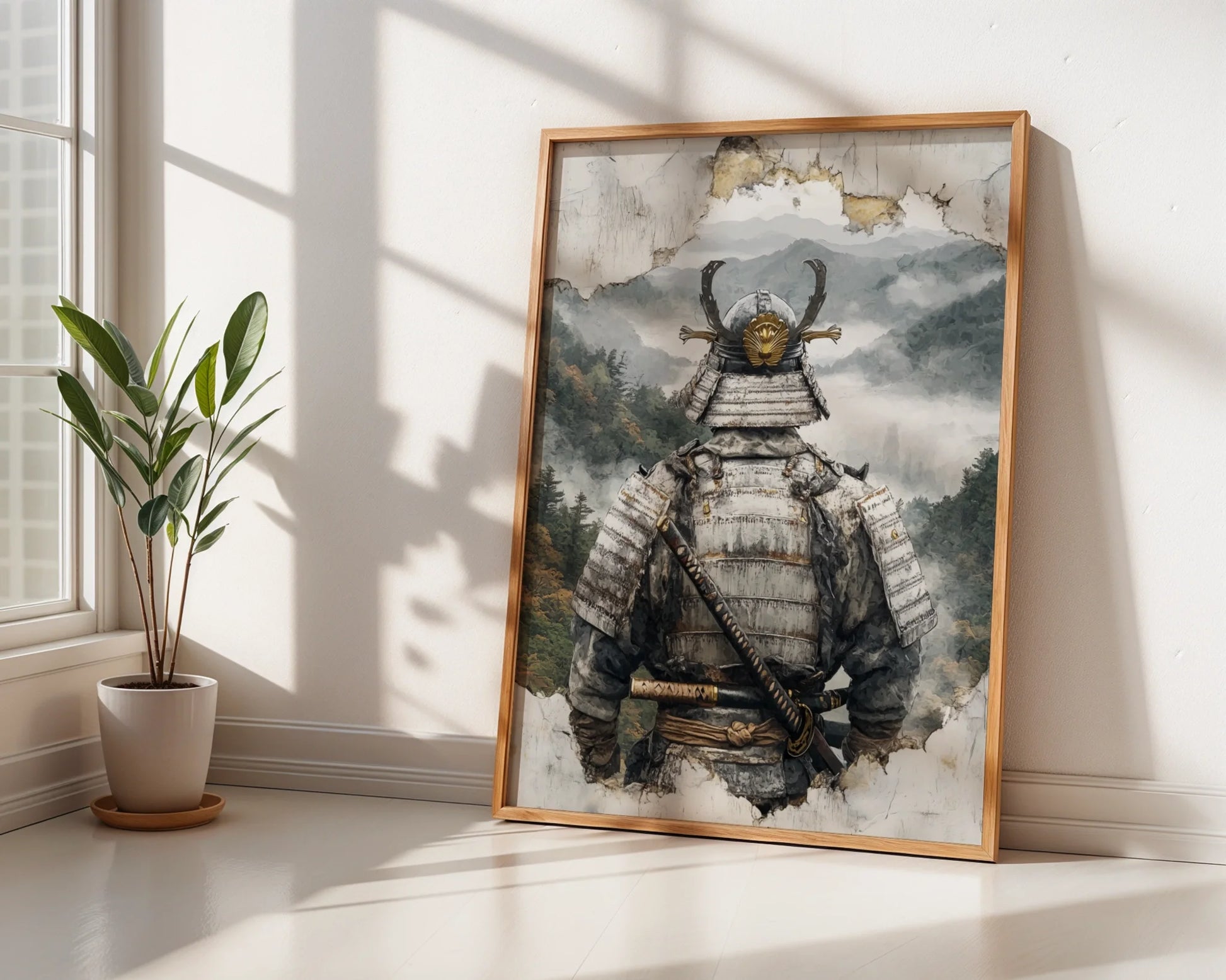 Samurai Armor Japandi Fragmenting Plaster Canvas Wall Art — Clean-lined room displaying ethereal landscape canvas with fading martial imagery for contemporary homes