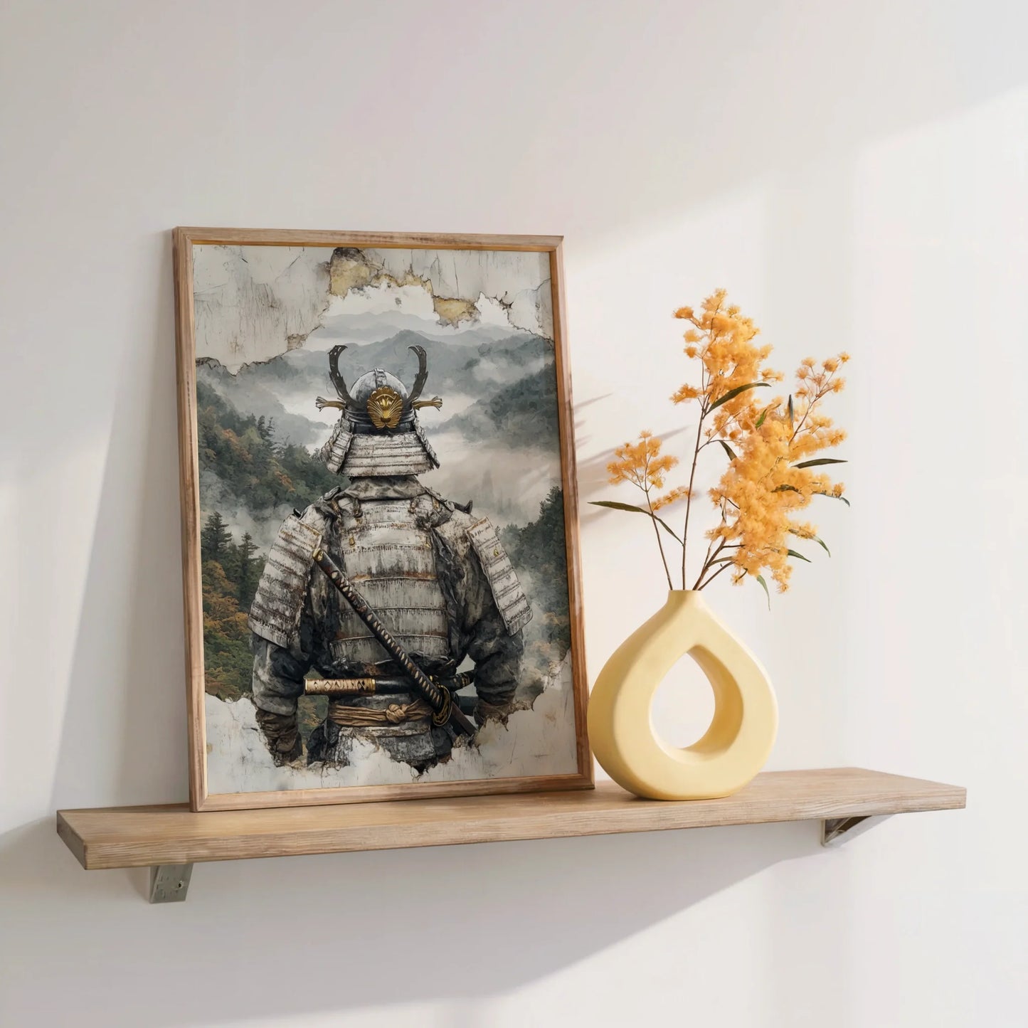 Samurai Armor Japandi Fragmenting Plaster Canvas Wall Art — Asian-influenced decor space featuring textured military heritage artwork on pristine gallery wall