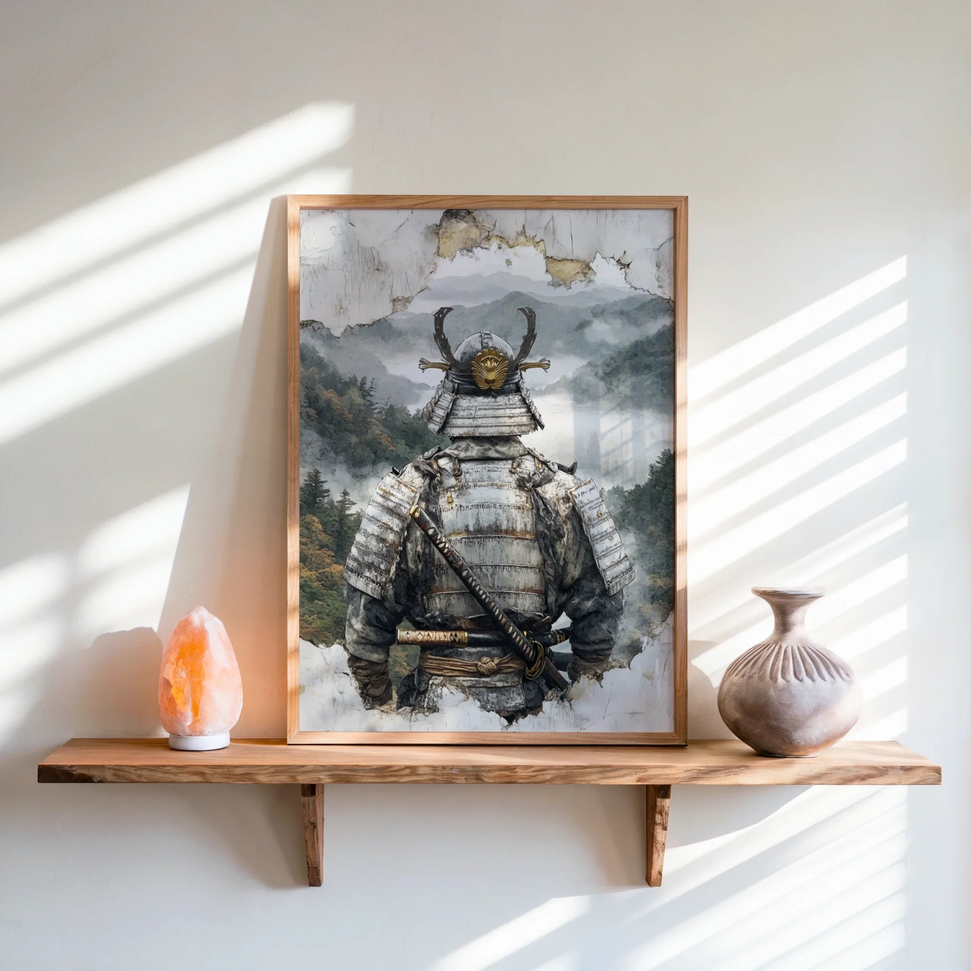 Samurai Armor Japandi Fragmenting Plaster Canvas Wall Art — Cream and taupe toned canvas creating weathered stone texture effect in neutral decorated interior