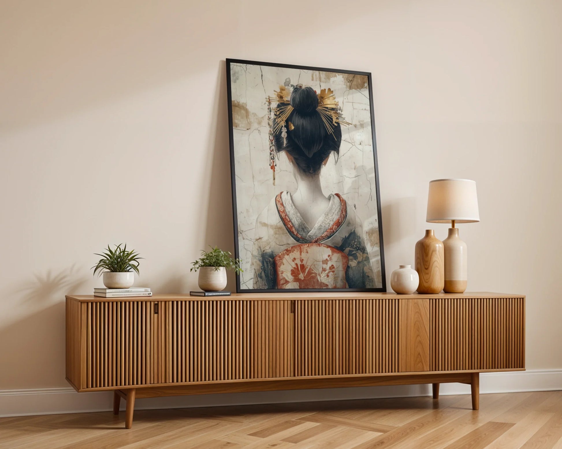Japanese Geisha Art Golden Kanzashi Japandi Canvas Wall Art — Minimalist canvas featuring serene feminine profile with luminous hair ornaments for zen-inspired decor