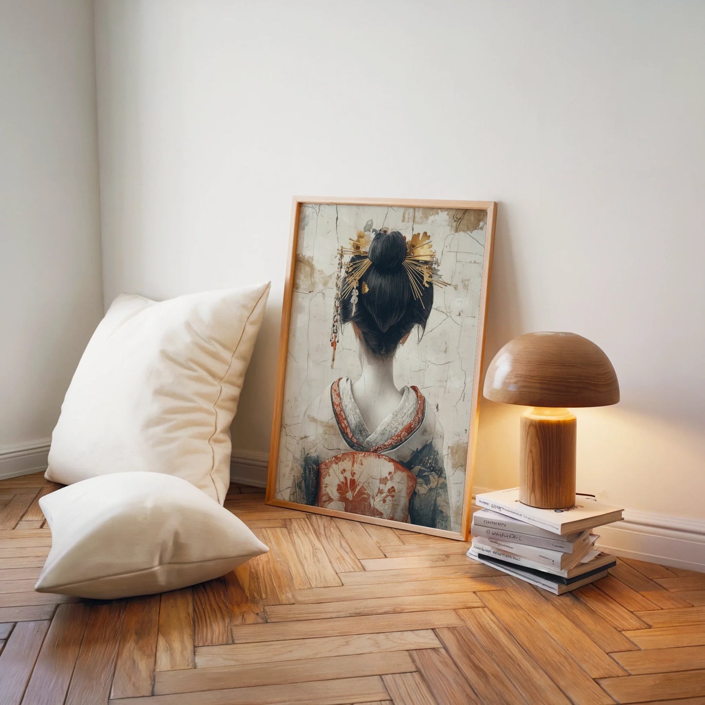 Japanese Geisha Art Golden Kanzashi Japandi Canvas Wall Art — Clean-lined artwork depicting quiet feminine essence perfect for contemporary mindful living spaces