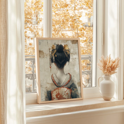 Japanese Geisha Art Golden Kanzashi Japandi Canvas Wall Art — Rich charcoal canvas with burnished bronze highlights creates sophisticated textural wall interest