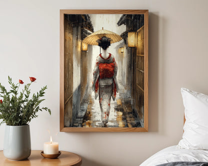 Japanese Geisha Art Crimson Obi Rain Scene in room