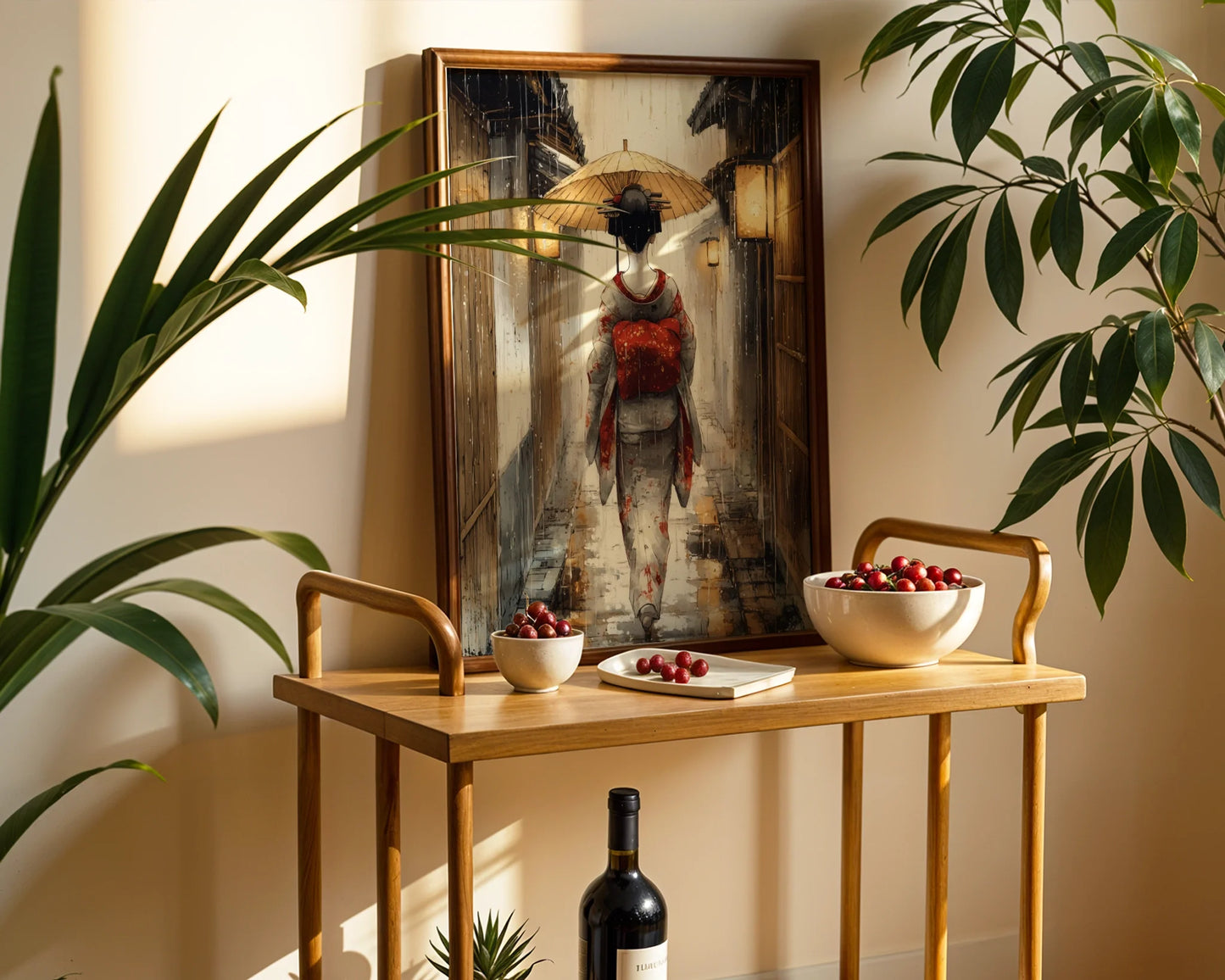 Japanese Geisha Art Crimson Obi Rain Scene Canvas Wall Art — Minimalist home featuring weathered alleyway artwork with flowing red silk and soft brushstrokes