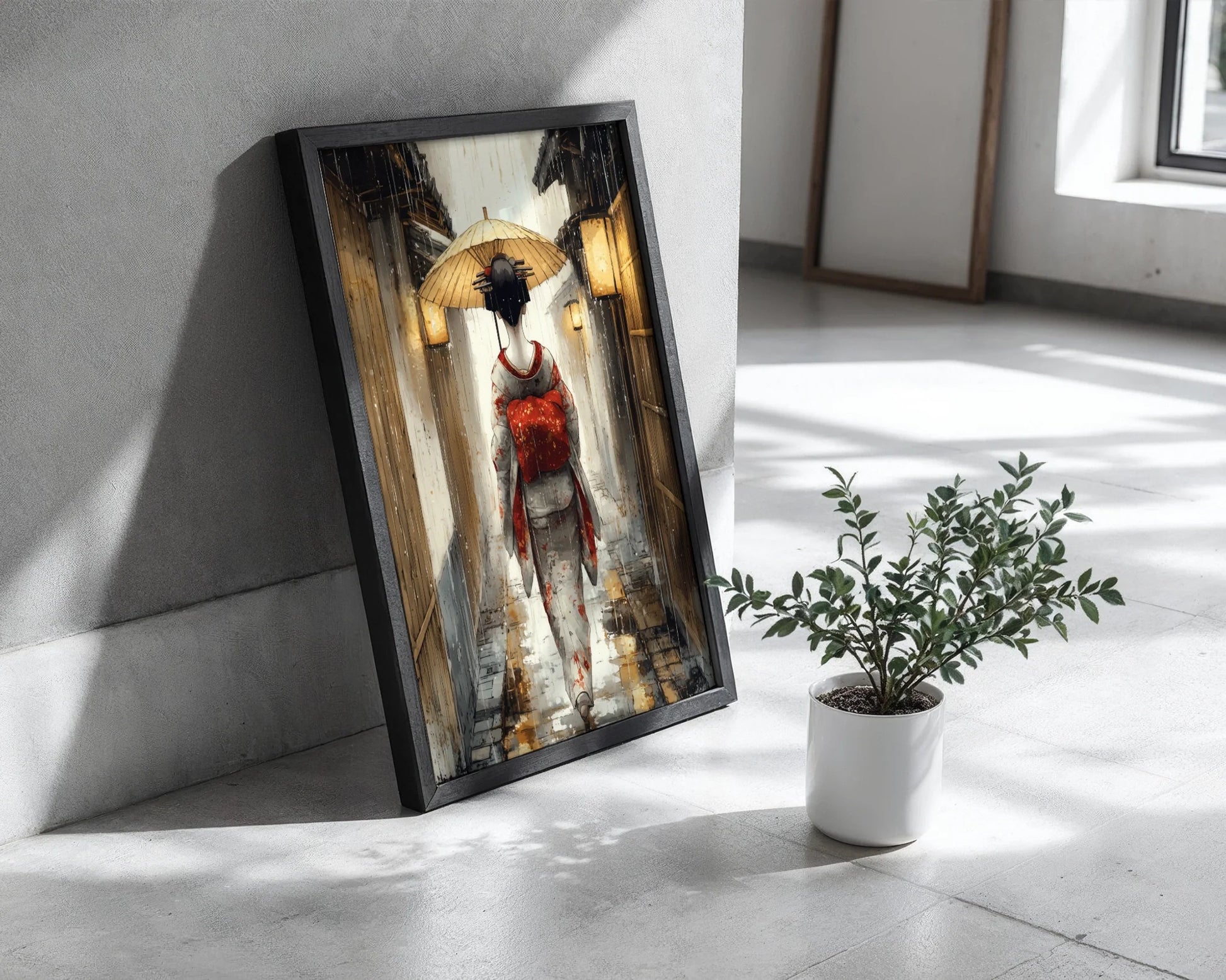 Japanese Geisha Art Crimson Obi Rain Scene Canvas Wall Art — Scandinavian-inspired space displaying tranquil Eastern boulevard scene with gentle rainfall details
