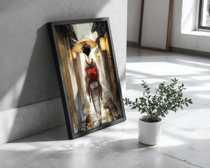 Japanese Geisha Art Crimson Obi Rain Scene Canvas Wall Art — Scandinavian-inspired space displaying tranquil Eastern boulevard scene with gentle rainfall details
