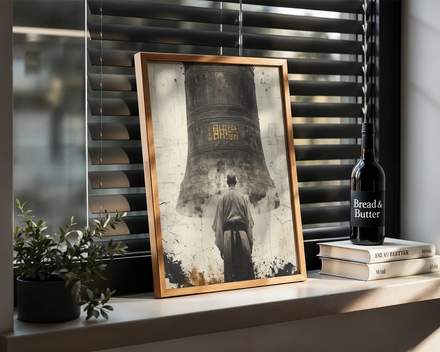 Buddhist Monk Temple Bell Golden Calligraphy Canvas Wall Art — Japandi-inspired artwork showing lone figure beside ancient bell with script for contemporary interiors
