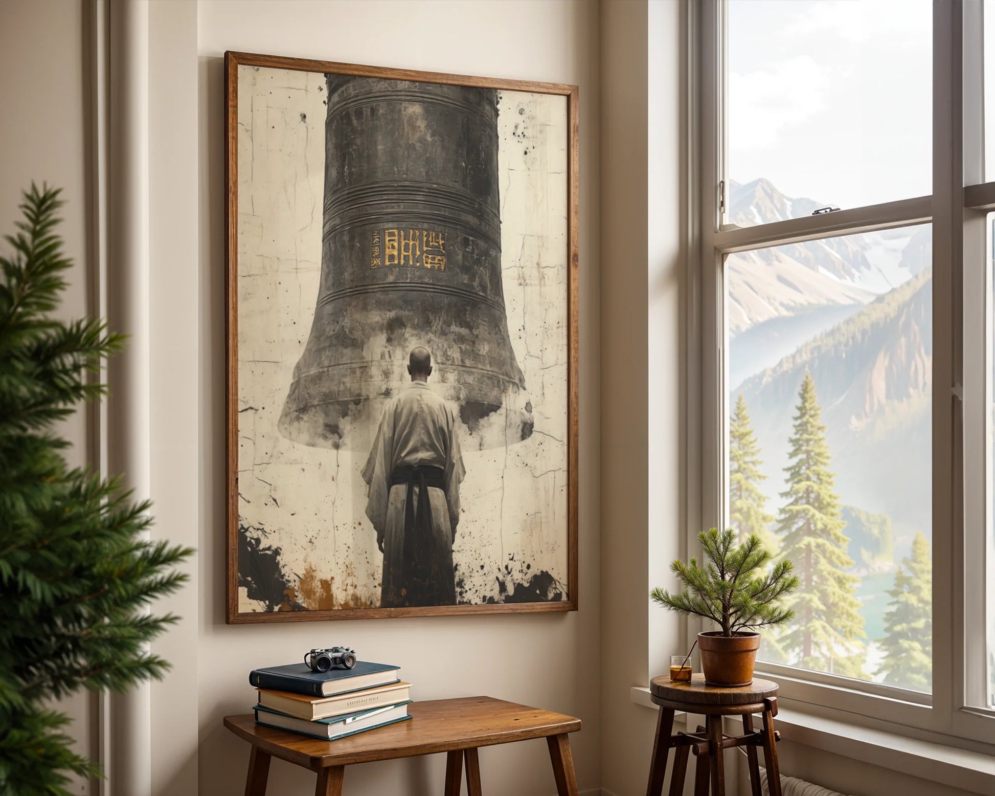 Buddhist Monk Temple Bell Golden Calligraphy in room