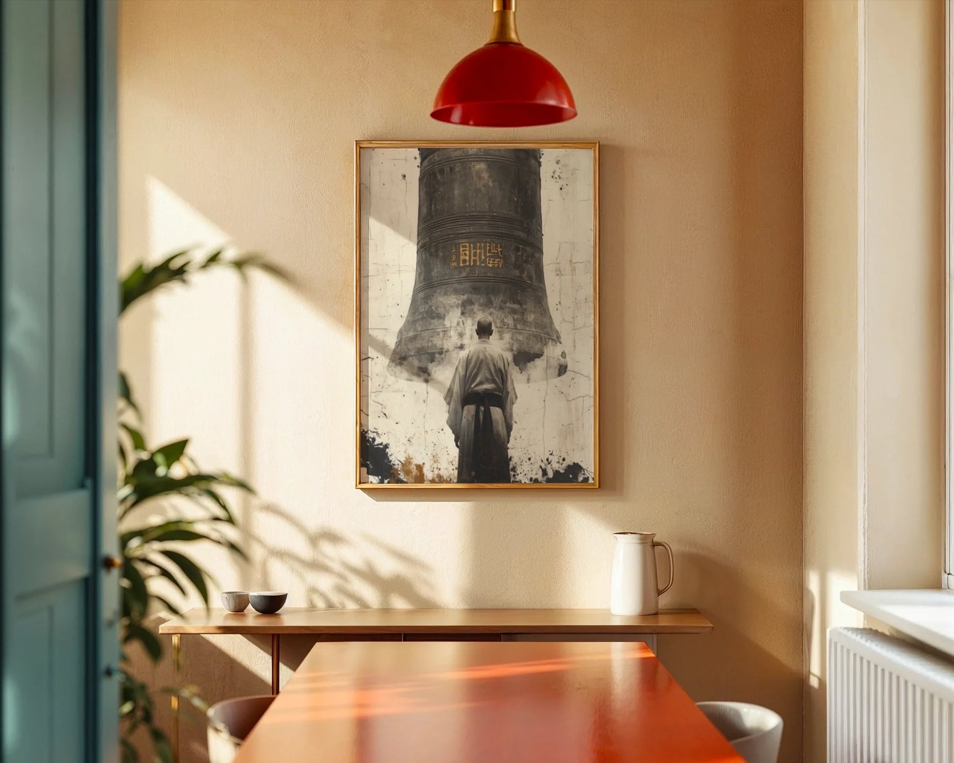 Buddhist Monk Temple Bell Golden Calligraphy in room