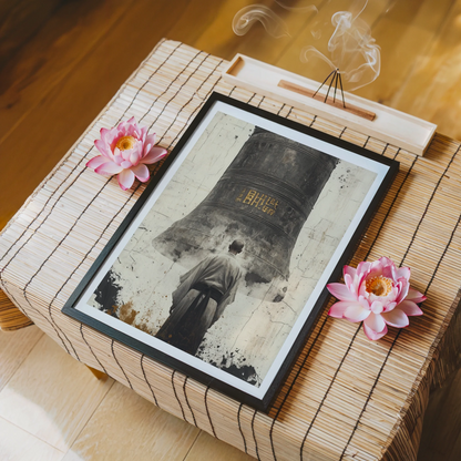 Buddhist Monk Temple Bell Golden Calligraphy in room