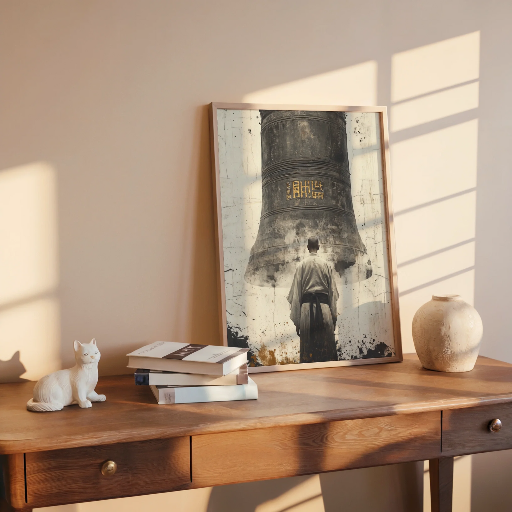 Buddhist Monk Temple Bell Golden Calligraphy in room