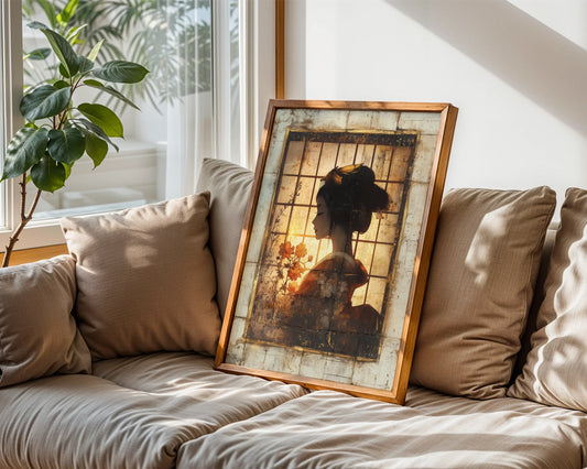 Japanese Geisha Silhouette Shoji Screen Canvas Wall Art — Minimalist Japanese canvas featuring fading female figure against translucent panels for contemporary spaces