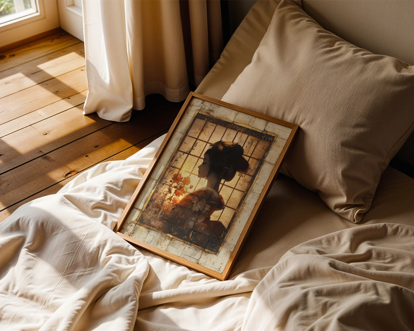 Japanese Geisha Silhouette Shoji Screen Canvas Wall Art — Oriental artwork showcasing latticed screen design with natural lighting effects in neutral home setting