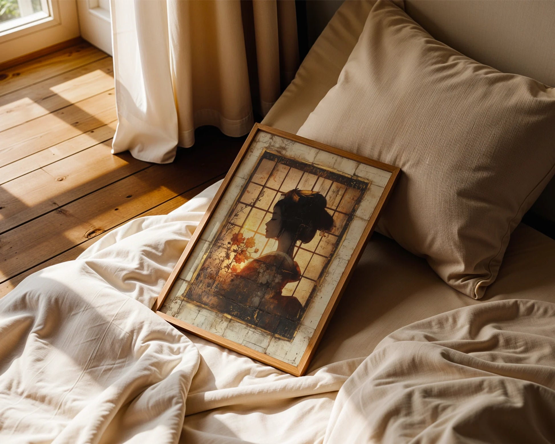 Japanese Geisha Silhouette Shoji Screen Canvas Wall Art — Oriental artwork showcasing latticed screen design with natural lighting effects in neutral home setting