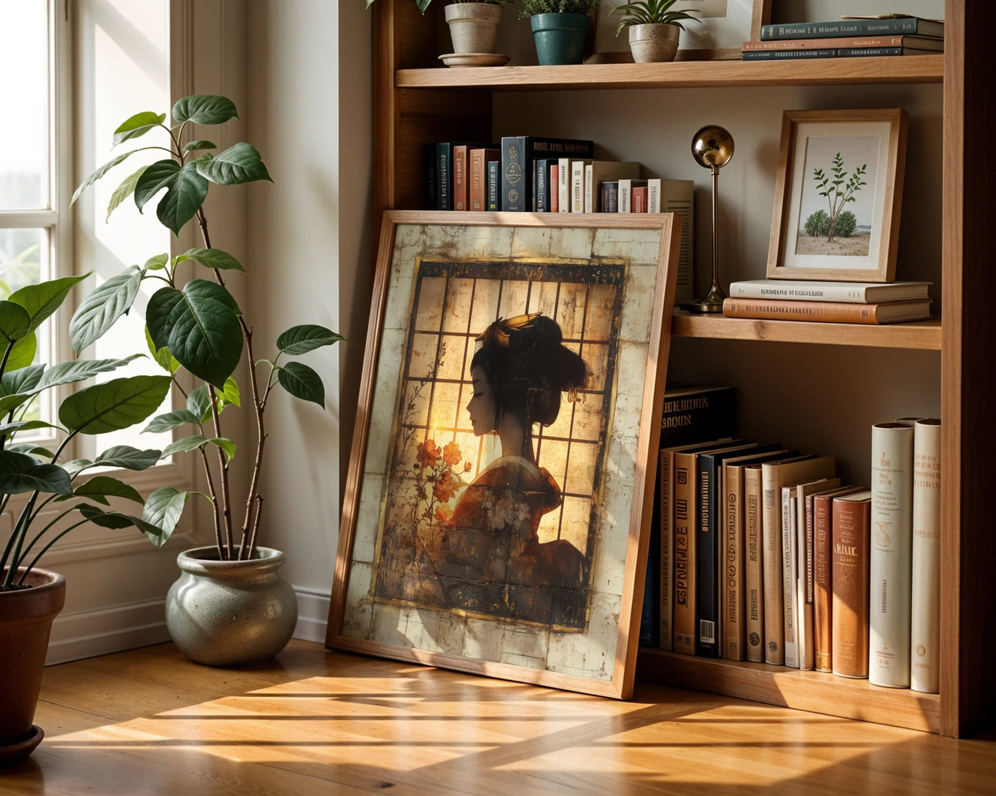 Japanese Geisha Silhouette Shoji Screen Canvas Wall Art — Serene Asian-inspired canvas displaying meditative woman's form dissolving into traditional architecture
