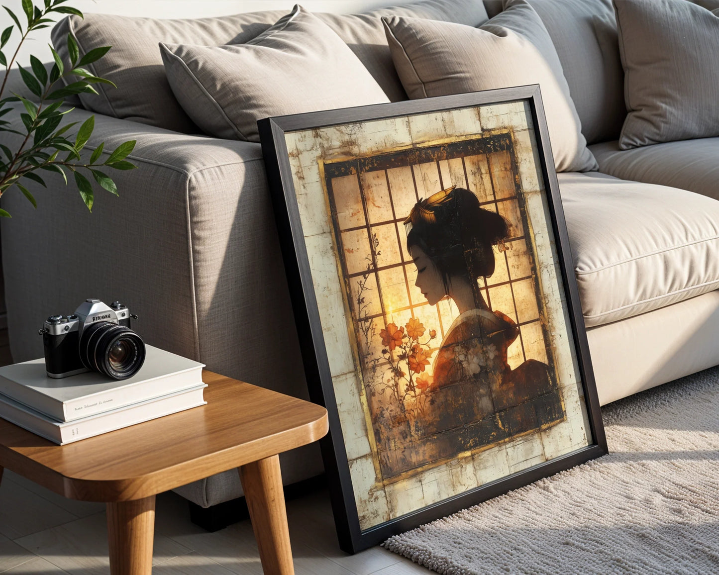Japanese Geisha Silhouette Shoji Screen Canvas Wall Art — Weathered aesthetic canvas print capturing fleeting feminine shadow through aged wooden framework