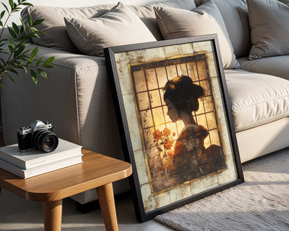 Japanese Geisha Silhouette Shoji Screen Canvas Wall Art — Weathered aesthetic canvas print capturing fleeting feminine shadow through aged wooden framework
