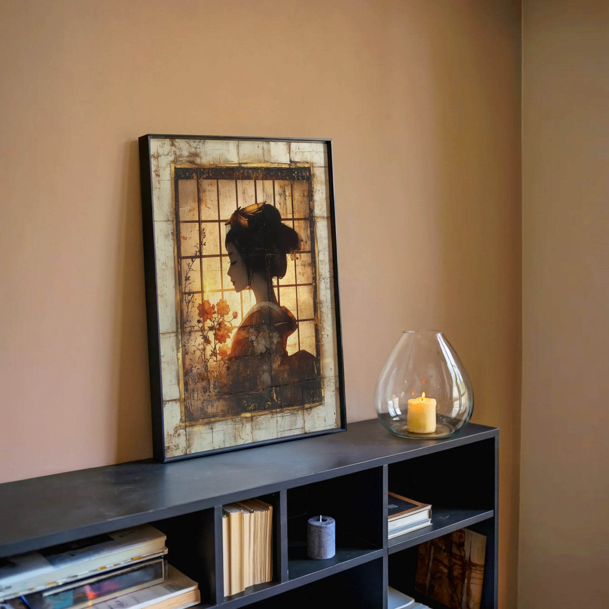 Japanese Geisha Silhouette Shoji Screen Canvas Wall Art — Eastern-influenced wall canvas showing mysterious lady merging with ancient structural elements