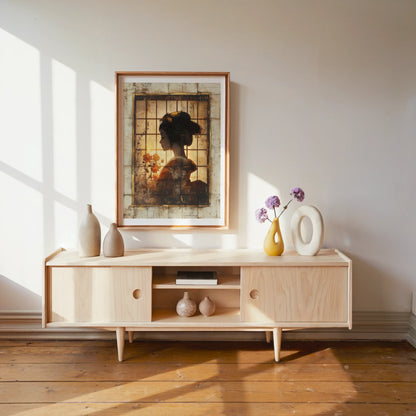 Japanese Geisha Silhouette Shoji Screen Canvas Wall Art — Warm amber-toned canvas with textured parchment finish creating depth in sophisticated interiors