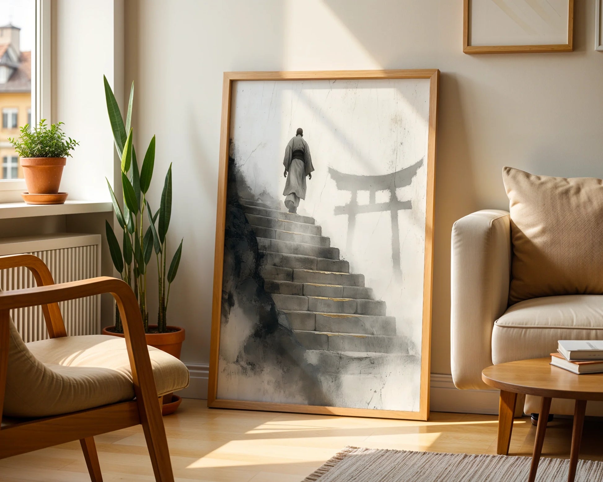 Zen Monk Ascending Steps Japandi Watercolor in room