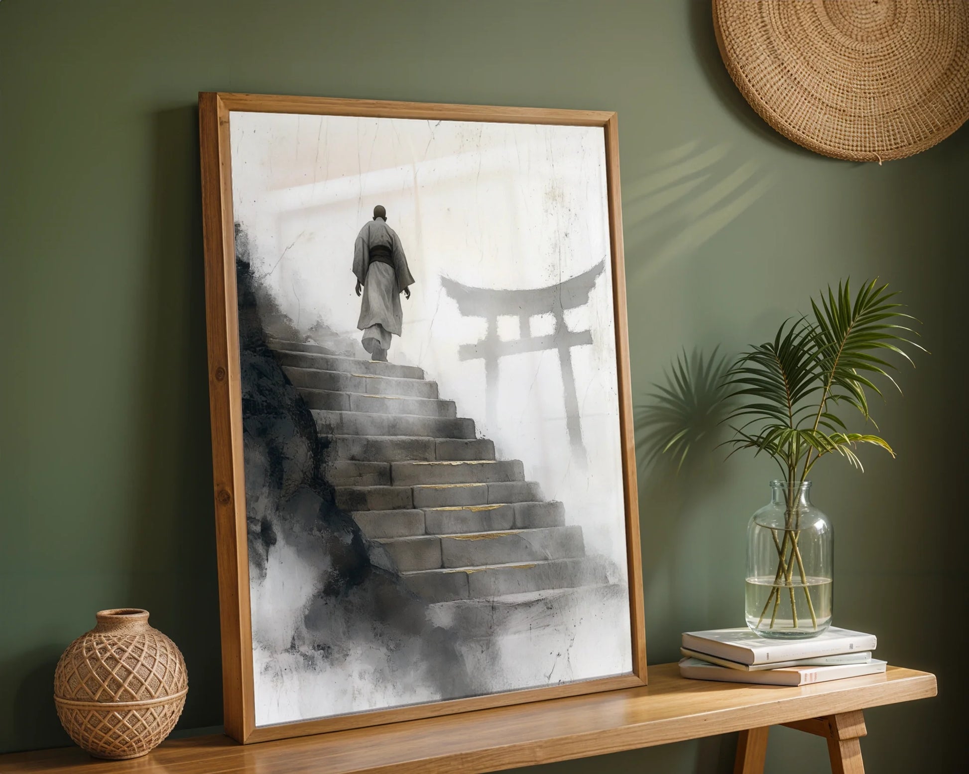 Zen Monk Ascending Steps Japandi Watercolor Canvas Wall Art — Clean-lined artwork showing sacred gateway through fog displayed in modern minimalist interior space