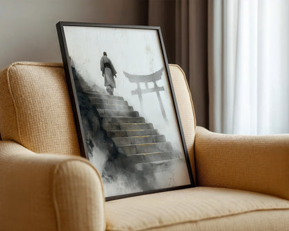 Zen Monk Ascending Steps Japandi Watercolor Canvas Wall Art — Tranquil canvas depicting contemplative journey upward through mist for serene living spaces
