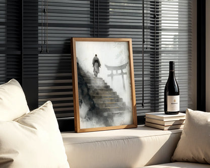 Zen Monk Ascending Steps Japandi Watercolor in room