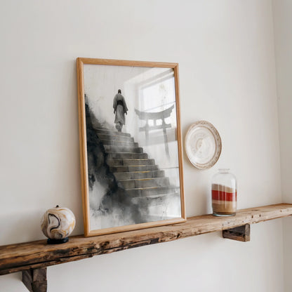 Zen Monk Ascending Steps Japandi Watercolor Canvas Wall Art — Eastern-inspired wall piece showing solitary traveler's path toward sacred shrine gate