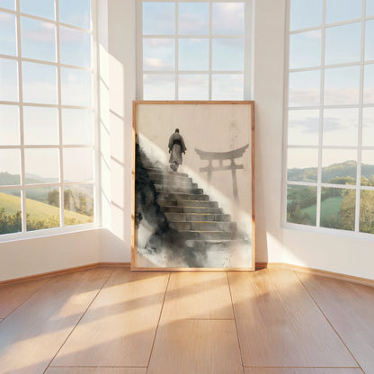 Zen Monk Ascending Steps Japandi Watercolor Canvas Wall Art — Soft pearl and charcoal tones create depth in textured canvas print for sophisticated interiors