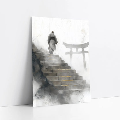 Zen Monk Ascending Steps Japandi Watercolor art print