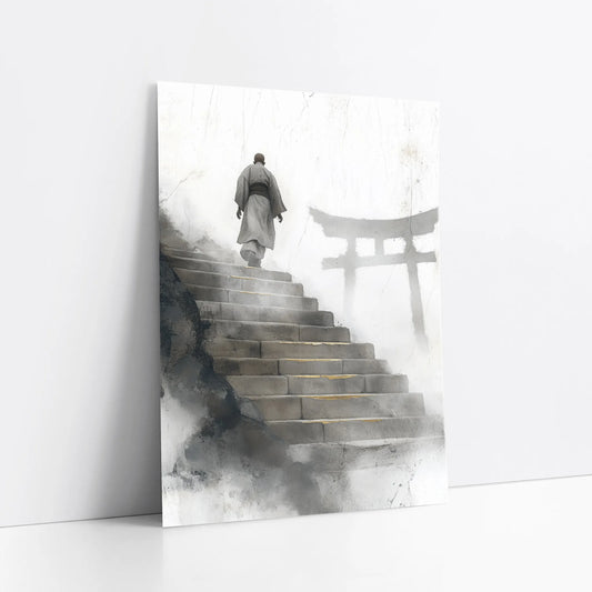 Zen Monk Ascending Steps Japandi Watercolor art print