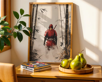 Samurai Warrior Bamboo Forest Japandi Mist Canvas Wall Art — Traditional artwork featuring vanishing fighter in misty grove displayed in clean Scandinavian interior