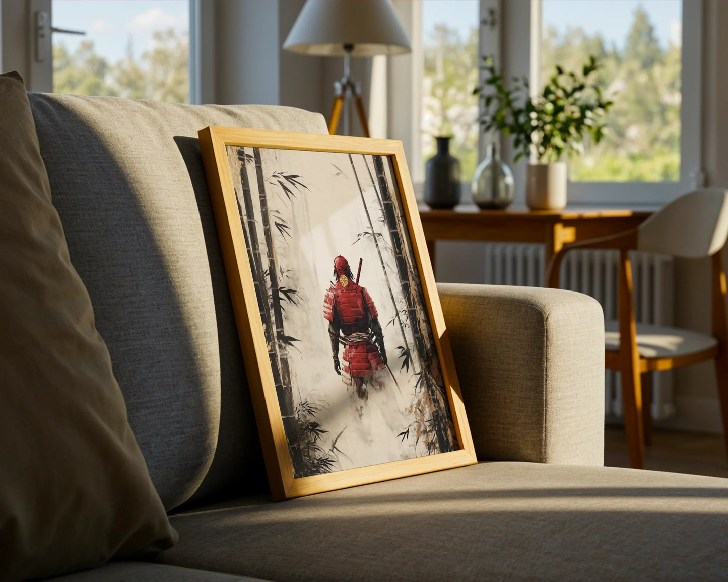 Samurai Warrior Bamboo Forest Japandi Mist Canvas Wall Art — Serene canvas print of ancient guardian disappearing into bamboo sanctuary for tranquil home styling