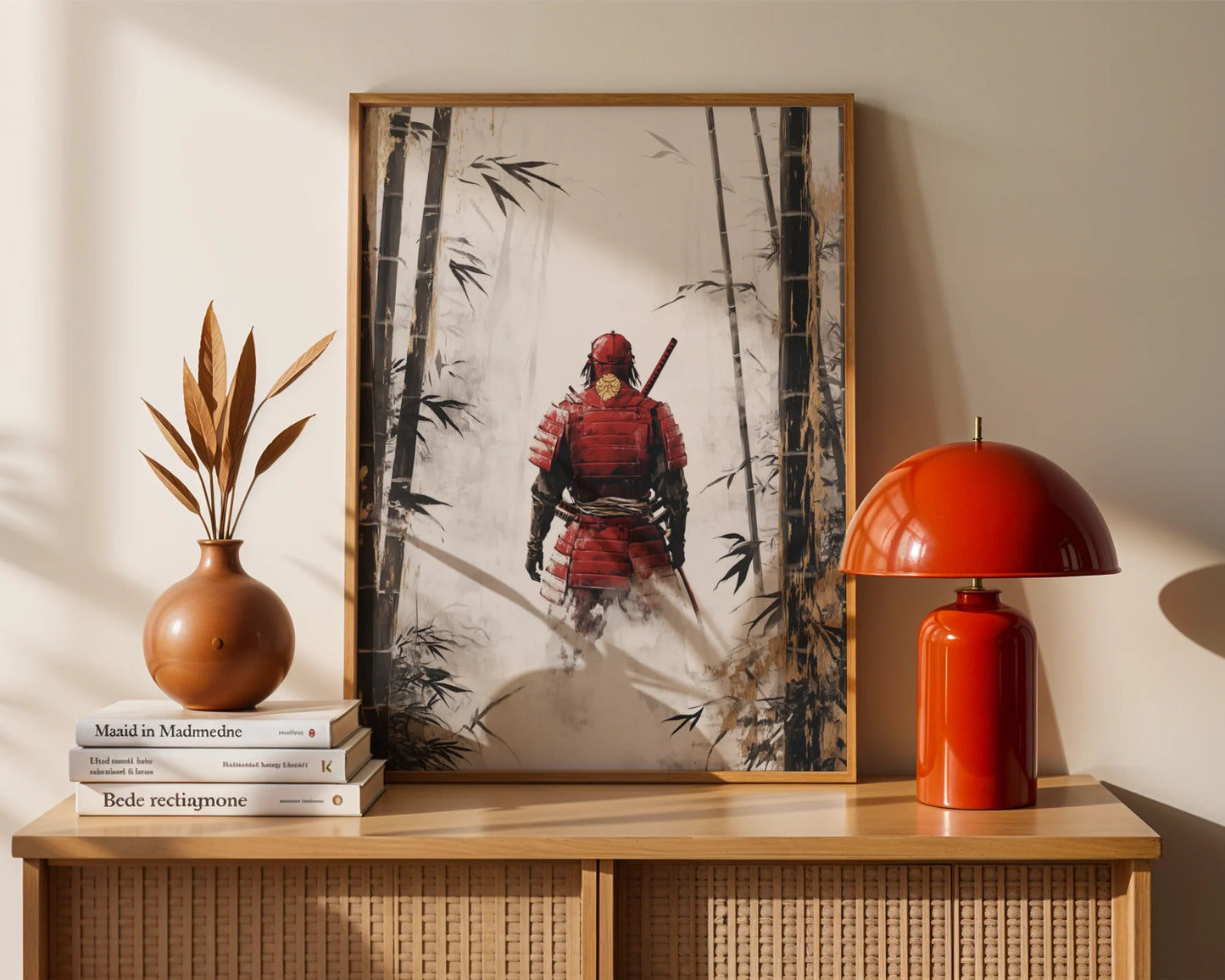Samurai Warrior Bamboo Forest Japandi Mist Canvas Wall Art — Natural living room canvas displaying weathered soldier fading into peaceful bamboo groves