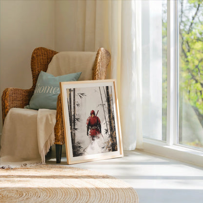 Samurai Warrior Bamboo Forest Japandi Mist Canvas Wall Art — Deep burgundy and cream canvas print with textured brushwork resembling aged parchment finish