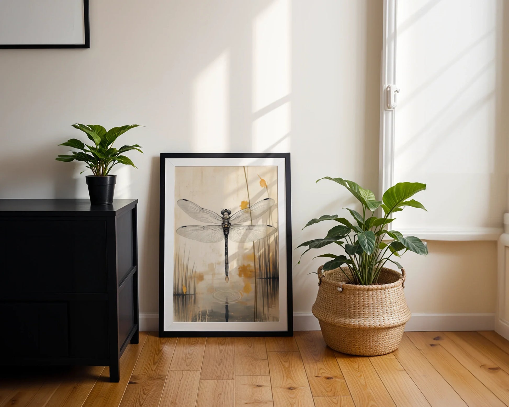 Dragonfly Art Japandi Style Cattail Reflection Canvas Wall Art — Scandinavian-inspired canvas featuring delicate winged insect artwork for contemporary spaces