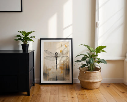 Dragonfly Art Japandi Style Cattail Reflection Canvas Wall Art — Scandinavian-inspired canvas featuring delicate winged insect artwork for contemporary spaces