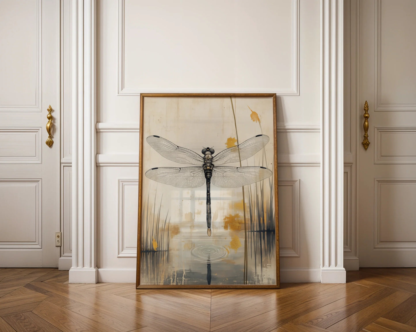 Dragonfly Art Japandi Style Cattail Reflection Canvas Wall Art — Clean-lined artwork showcasing nature's precision in understated Asian-influenced design