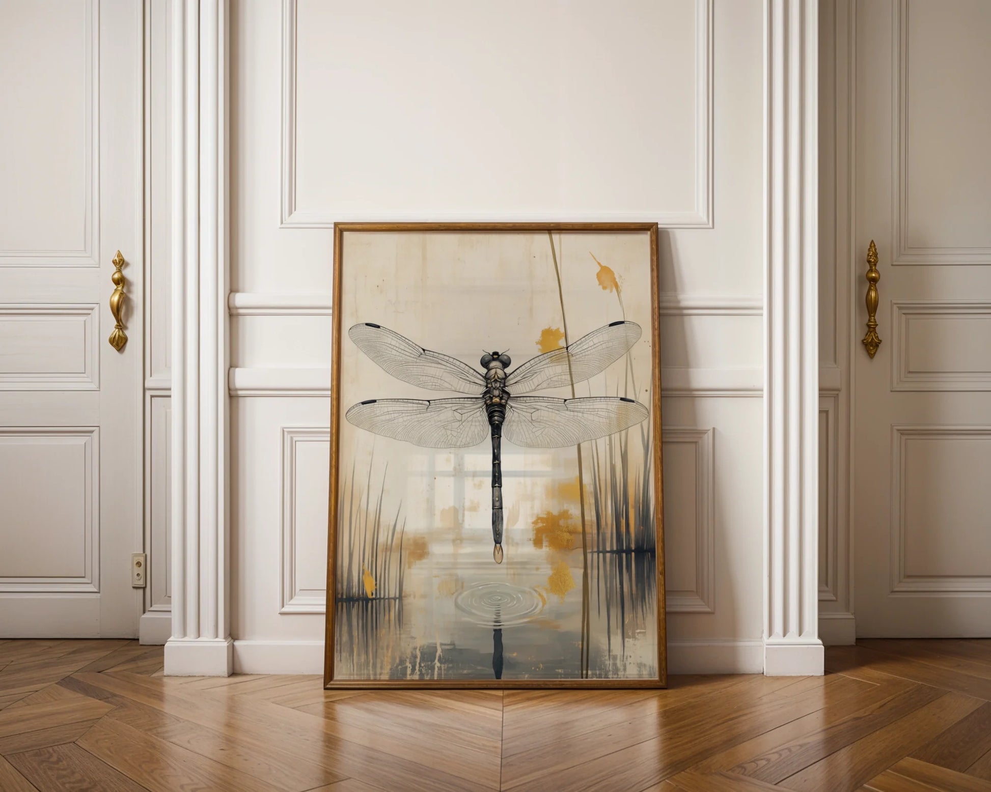 Dragonfly Art Japandi Style Cattail Reflection in room