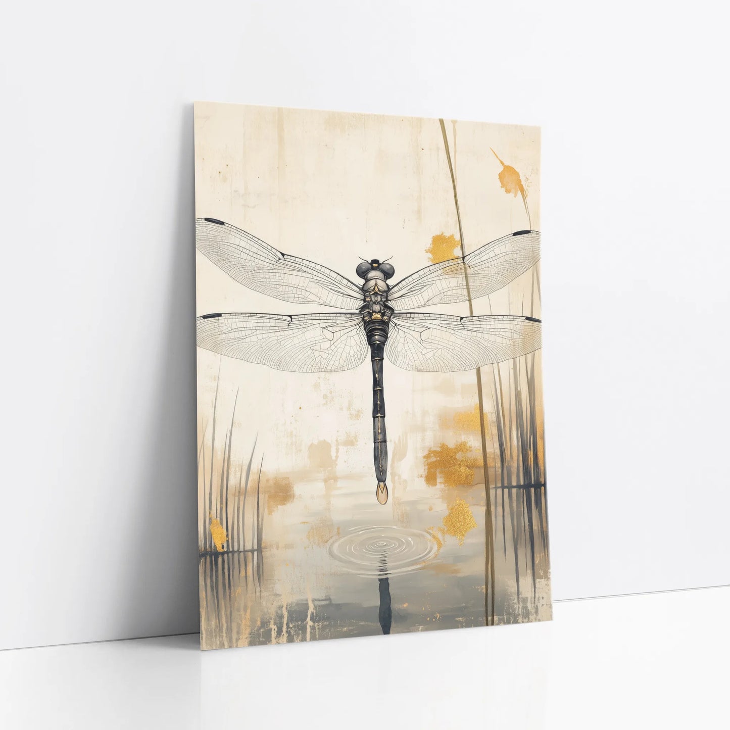 Dragonfly Art Japandi Style Cattail Reflection art print