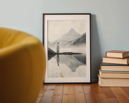 Minimalist Mountain Lake Zen Pilgrim Figure in room